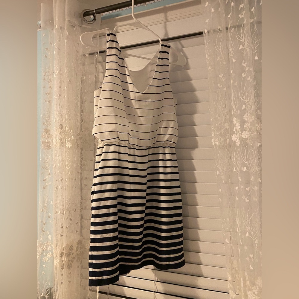 Size small white with blue stripes cocktail dress.